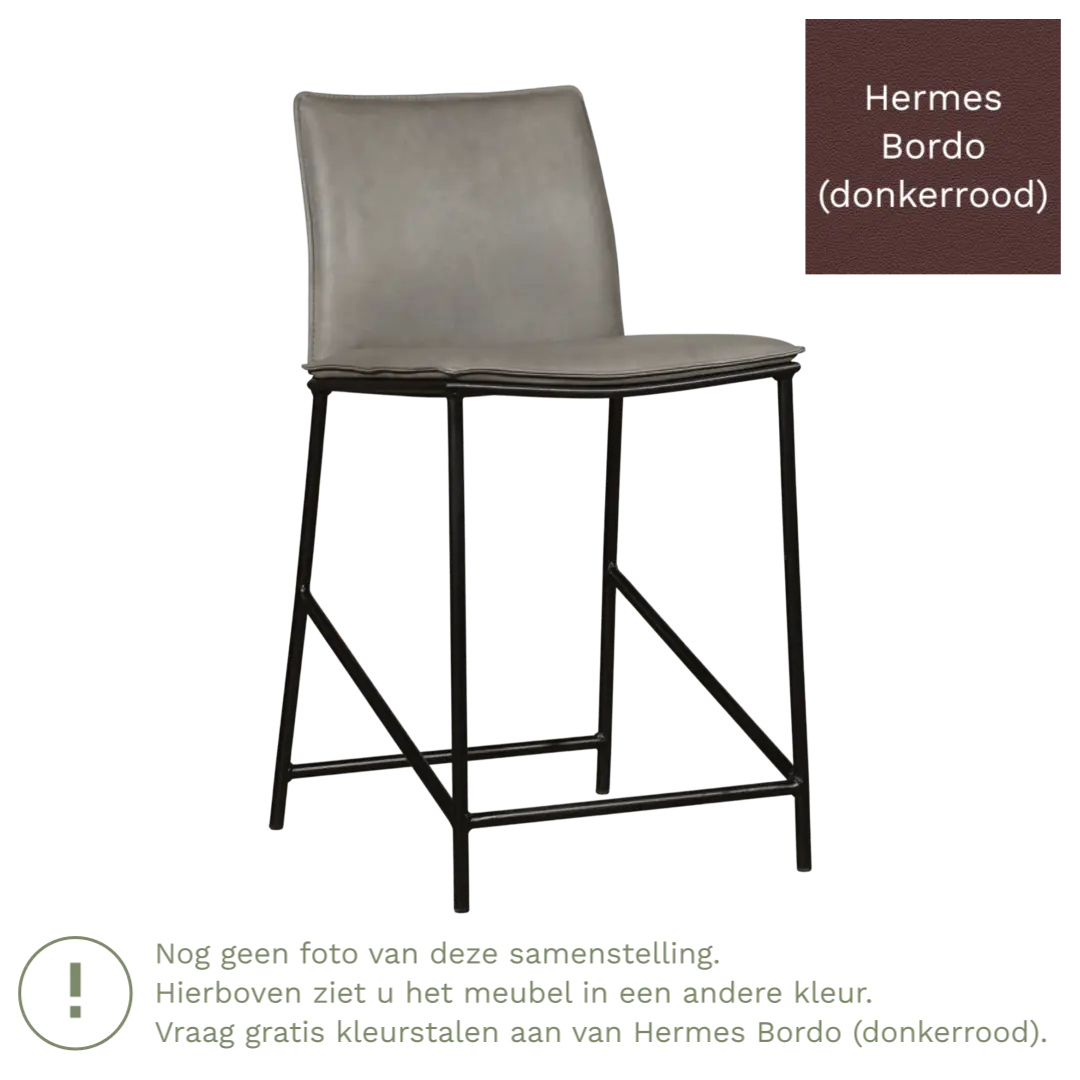 afbeelding van Leren barkruk laag Favor - Hermes Bordo (donkerrood) - poten staal rond zwart